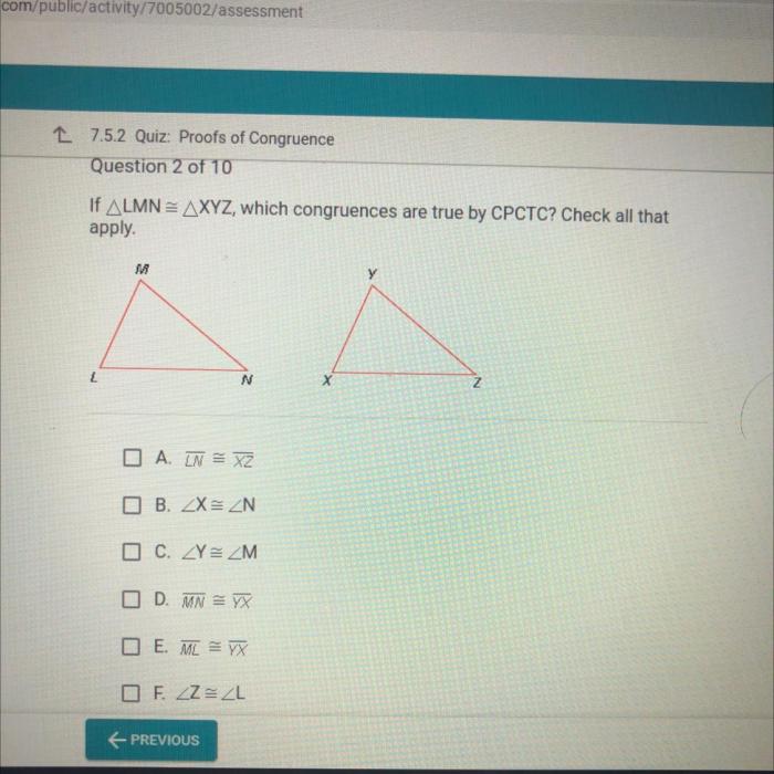 If lmn xyz which congruences are true by cpctc