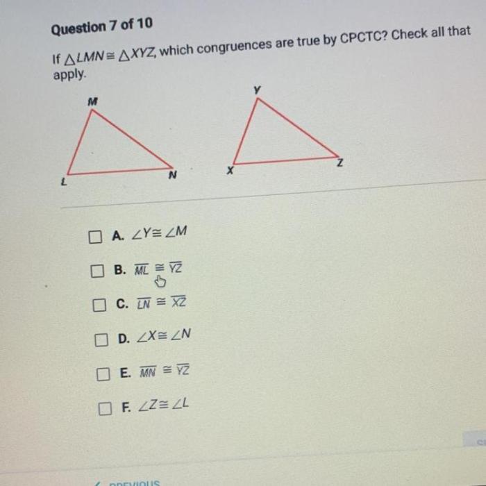 If lmn xyz which congruences are true by cpctc